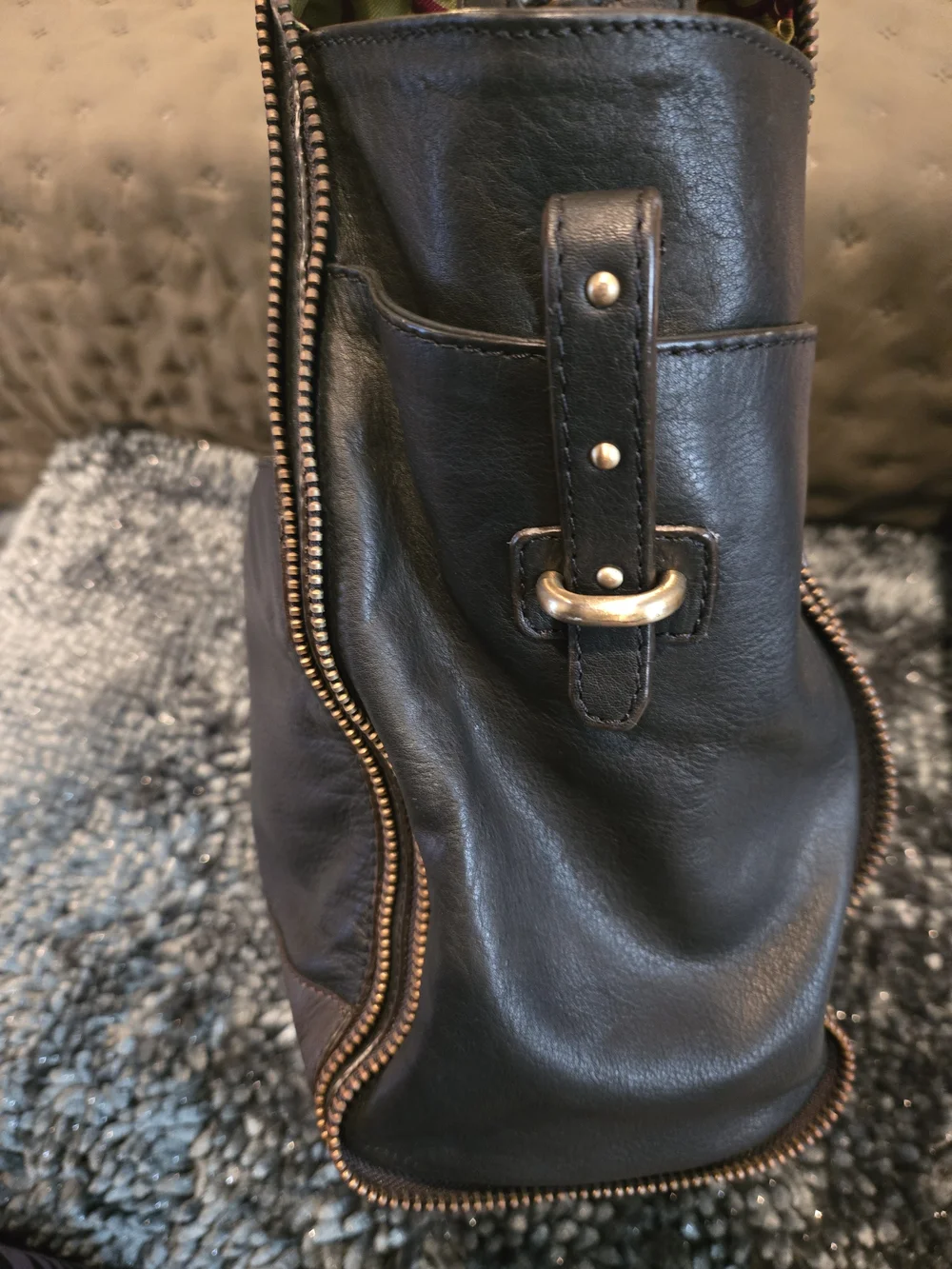 orYANY Black Leather Satchel with Brass-Tone Zipper & Brown Accents.  Excellent